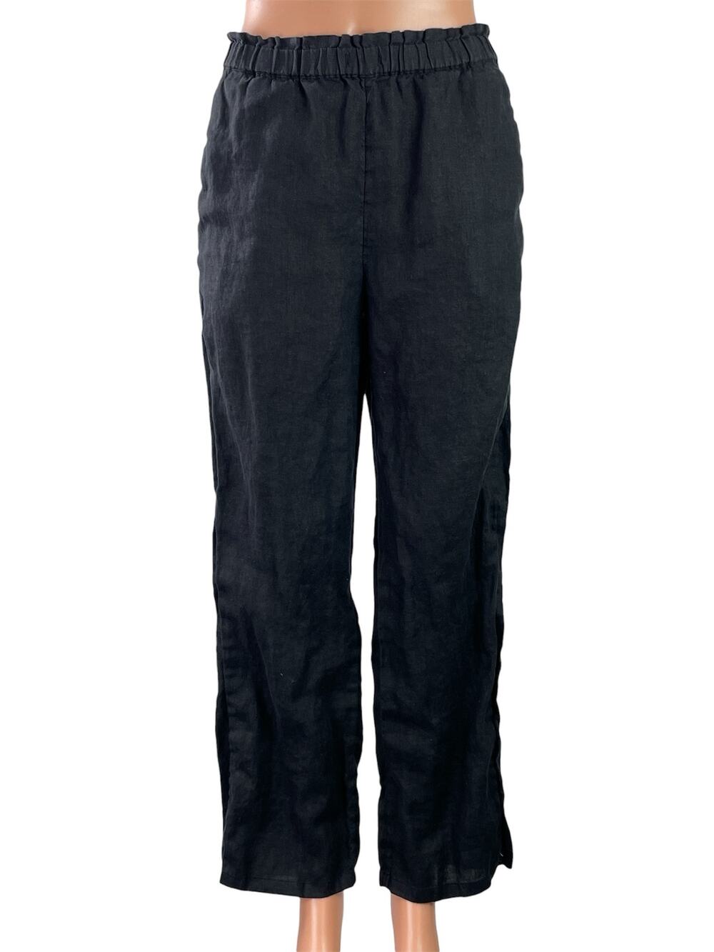 J.Crew 100% Linen Womens Black Elastic Waist Wide Leg Trousers Lounge Pants XS